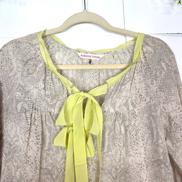 Rebecca Taylor Silk Blouse Womens 4 Gray Snakeskin Print yellow Tie Ribbon top - Picture 12 of 12